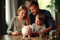 Family put money in piggy bank child adult representation.