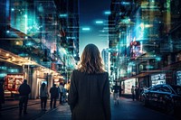 Woman walking on street in smart city architecture technology cityscape.