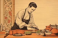 Traditional japanese cook adult concentration calligraphy.