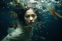 Underwater photo of asia woman swimming portrait nature.