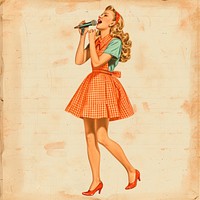 Vintage illustration girl microphone dress paper.