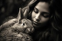 Person hugging a rabbit portrait mammal animal.