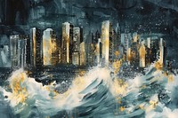 City and Wave watercolor background city sea outdoors.
