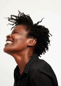 A side view of a laughing black woman happiness portrait smile.