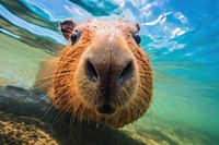 Capybara looking up at camera animal outdoors mammal.