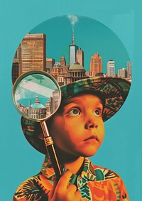 Child explorer city magnifying portrait.