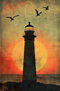 Lighthouse with sunset and seagulls lighthouse architecture silhouette.
