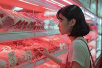Checking different types of meat store adult woman.