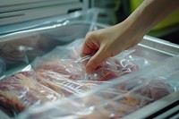 Hand opens the freezer and removes meat refrigerator container freshness.