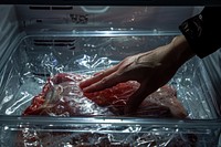 Hand opens the freezer and removes meat transportation refrigerator automobile.