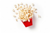 Falling popcorn in box snack food white background.