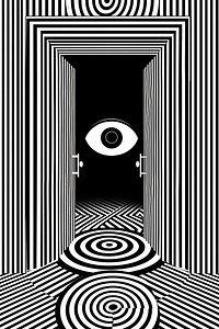 Mind bending flat line illusion poster of a door architecture black white.