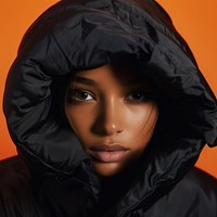 Woman wearing an black oversized puffer jacket hood portrait photo.