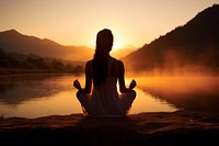 Woman meditates adult yoga sun.