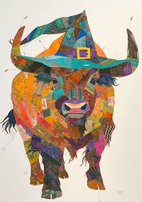 Happy Bison celebrating Holloween wearing wizard hat art livestock drawing.