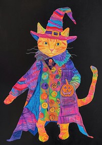 Happy cat celebrating Holloween wearing wizard hat art drawing mammal.