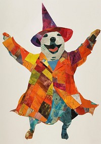 Happy dog celebrating Holloween wearing wizard hat art drawing collage.