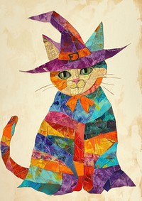 Happy cat celebrating Holloween wearing wizard hat art painting drawing.