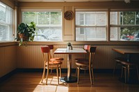 A minimalistic photography of inside the cafe in american cottage country side advertisment style furniture hardwood window.