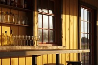 A minimalistic photography of Wine bar in american cottage country side advertisment style glass shelf architecture.