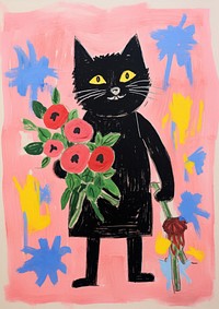 A black cat holding a bunch of flowers sitting colorful clothes painting mammal plant.