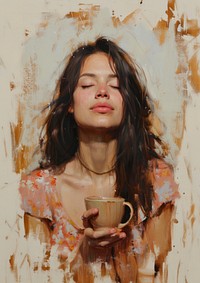 A Latina woman model painting coffee cup.