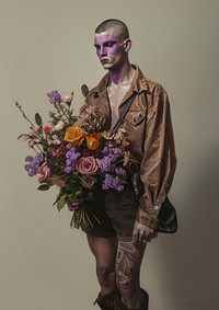 A model skinhead man flower portrait purple.