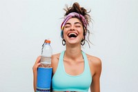 Happy woman laughing bottle happiness portrait.