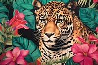 Vintage drawing of jaguar pattern flower wildlife leopard.