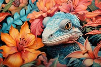 Vintage drawing of lizard pattern flower painting reptile.