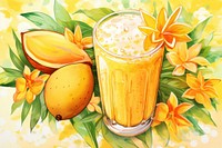 Vintage drawing of mango smoothie pattern fruit drink plant.