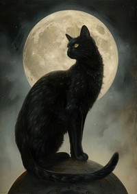 A black cat standing on a bright moon night mammal animal.