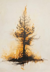 A burning withered pine tree painting branch autumn.