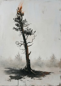 A burning withered pine tree painting branch plant.