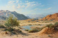 A desert landscape with a tiny oasis wilderness nature tranquility.