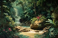 A Rainforest with Boulder and Stream nature tranquility vegetation.