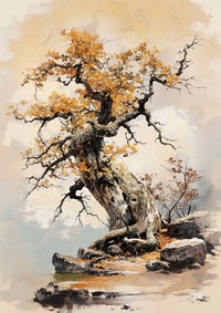 An Elderly Withered Oak Tree in Autumn painting tree nature.