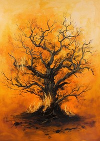 An Elderly Withered Oak Tree in Autumn Engulfed in Flames painting tree branch.