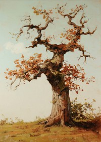 An Elderly Withered Oak Tree in Autumn painting tree landscape.
