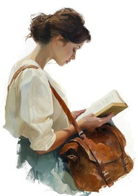 A Woman Reading a Book with a Brown Leather Bag painting reading accessories.