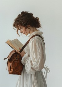 A Woman Reading a Book with a Brown Leather Bag book publication accessories.