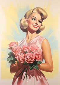 A model woman standing holding a bouquet of roses art painting drawing.
