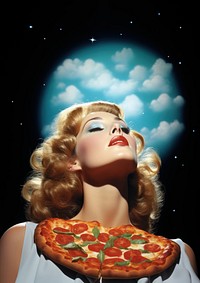 A model woman standing with her head tilted upwards pizza portrait adult.