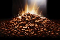 A pile of coffee beans illuminated freshness fireplace.