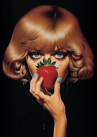 A woman holding a strawberry and covering her eye portrait adult fruit.