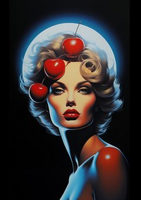 A woman with an apple on her head portrait red art.