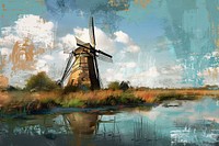 Oil painting illustration botanical wallpaper of windmill outdoors architecture agriculture.