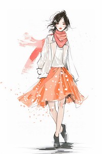 Woman fashion model in the style of frayed chalk doodle footwear skirt scarf.