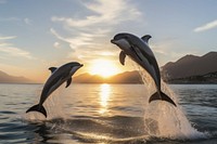 Couple jumping dolphins sky outdoors animal.