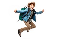 Young school child backpack jumping shouting.
